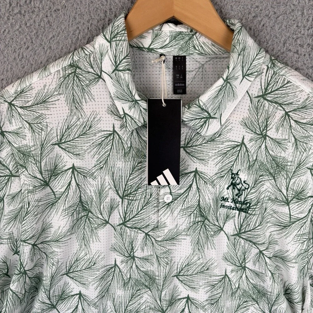 NEW Adidas Polo Golf Shirt Mens Large White Green Pine Needle Print Vented *Logo